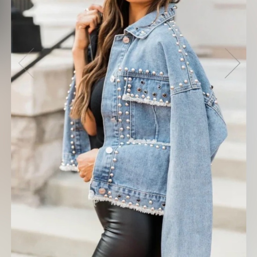 NWT Pink Lily “It’s Too Late Embellished Denim Jacket”